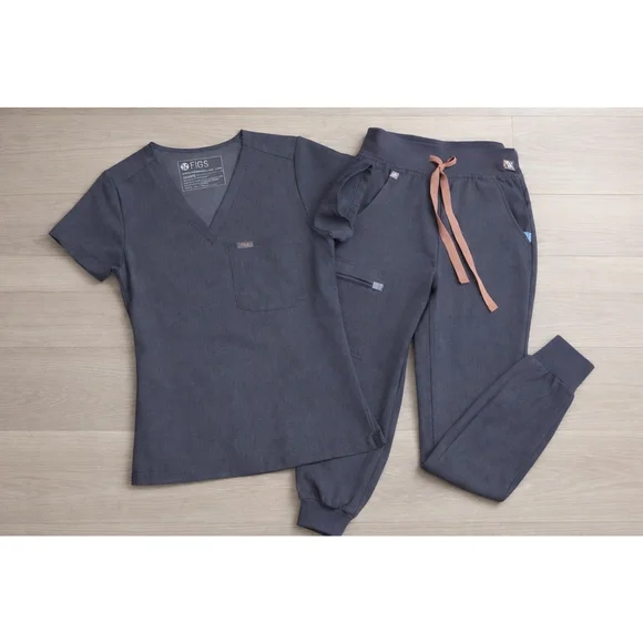 FIGS Scrub Set XXS Petite Graphite Gray Jogger Pants + V-Neck Top - Picture 2 of 9